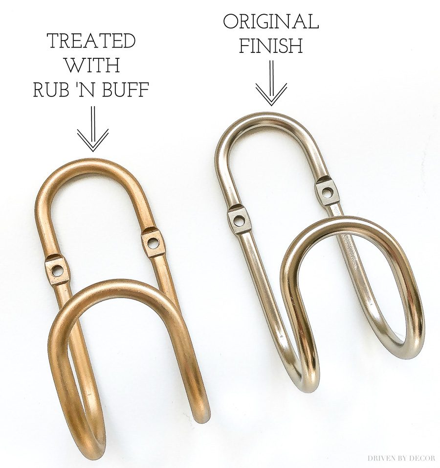 Before and after photo of using gold leaf Rub 'n Buff to change the finish of a hook