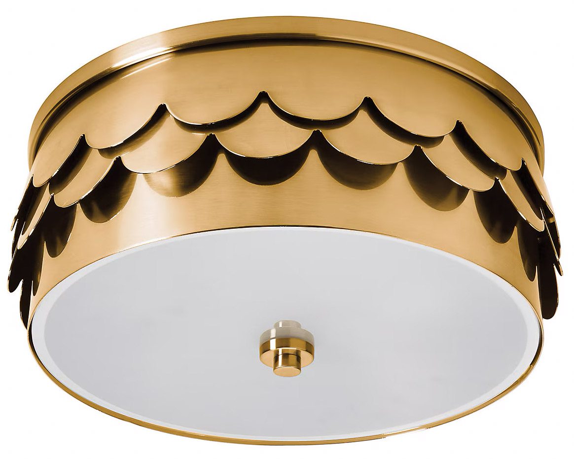 Gold drum shaped flush mount light with two rows of scallops