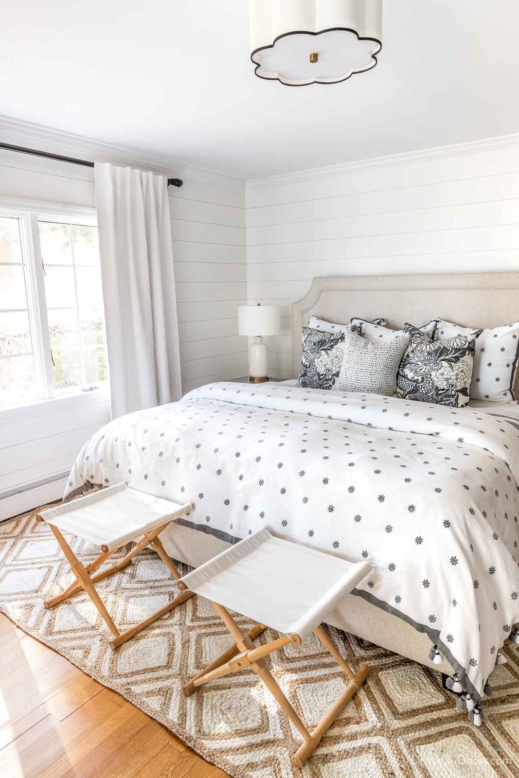 Scalloped fabric flush mount ceiling light in bedroom