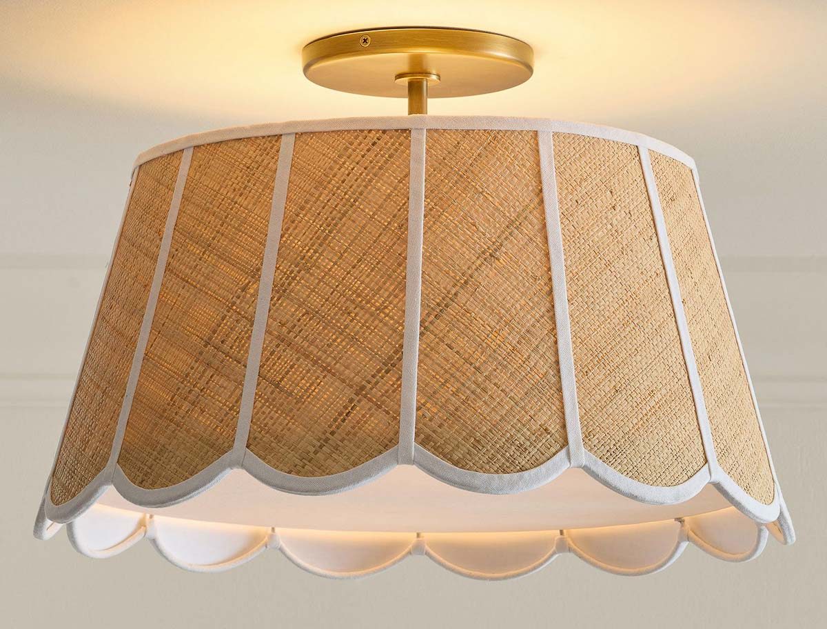 Scalloped raffia semi-flush mount light