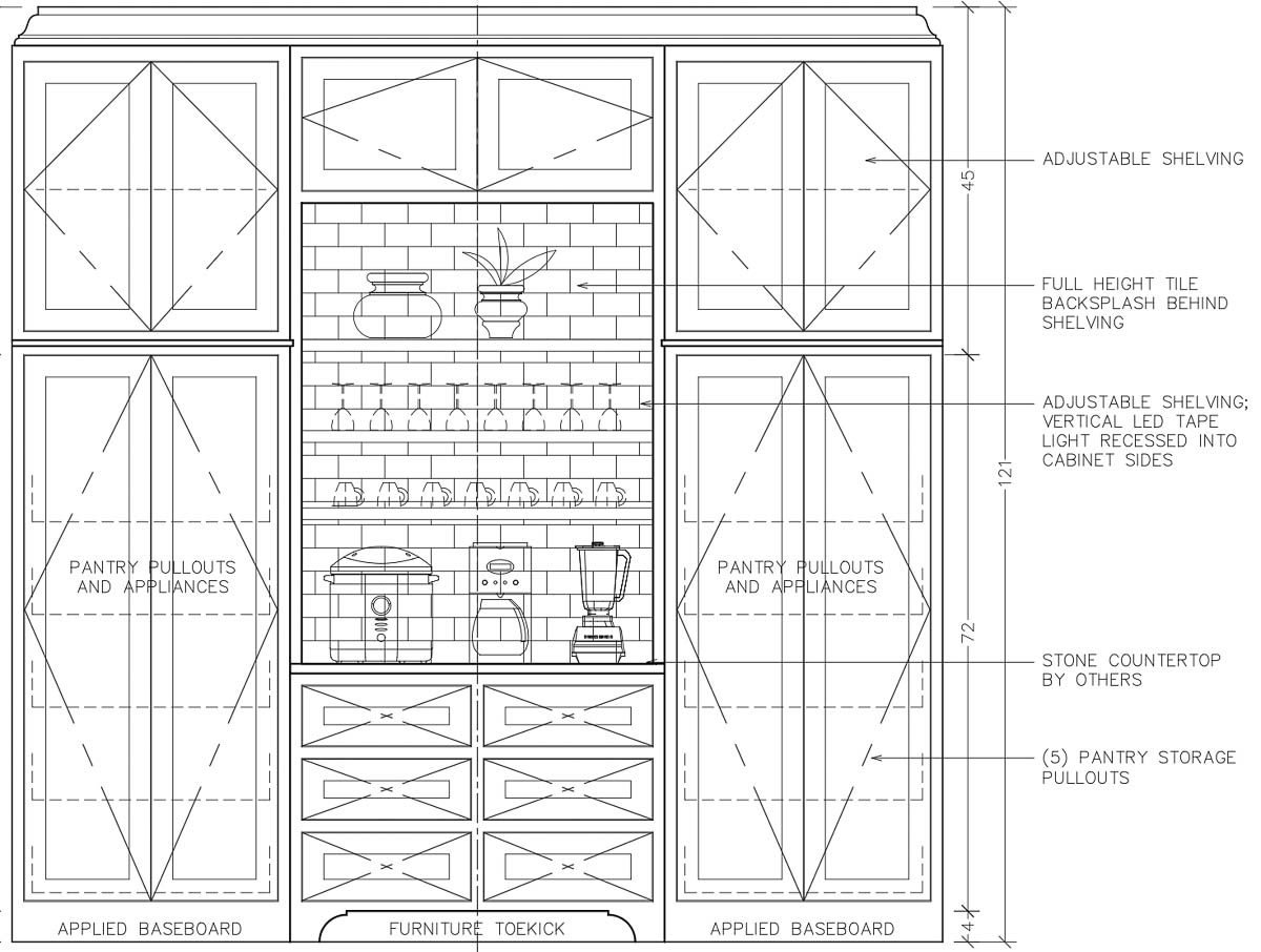 Cabinet plans for our scullery with open shelving above the coffee station