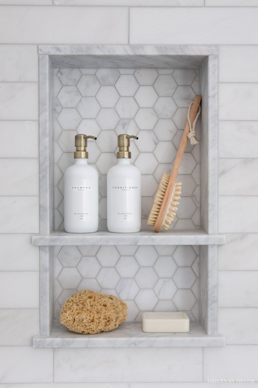 Marble tile shower niche with two shelves - love!