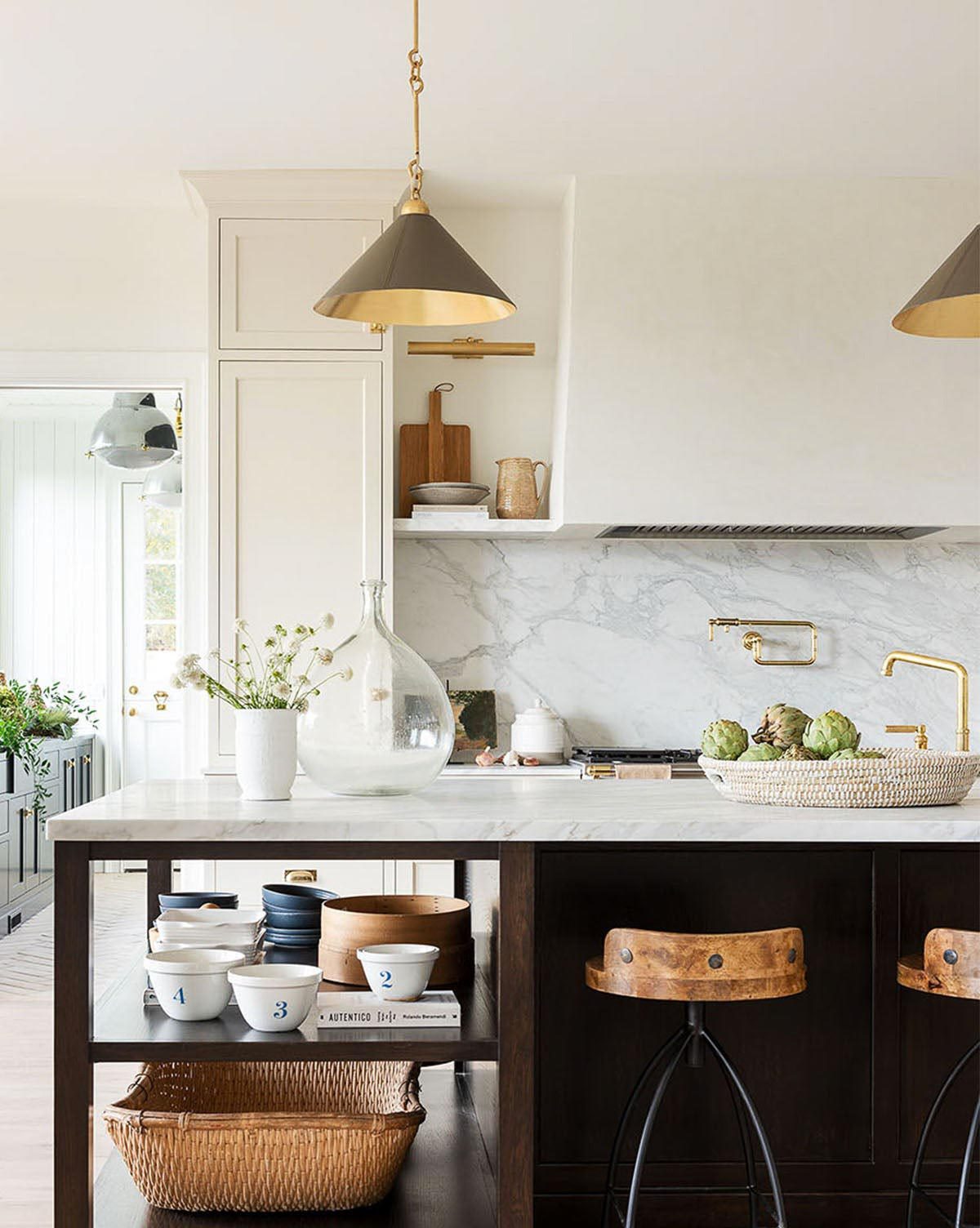 Small cone pendants over kitchen island