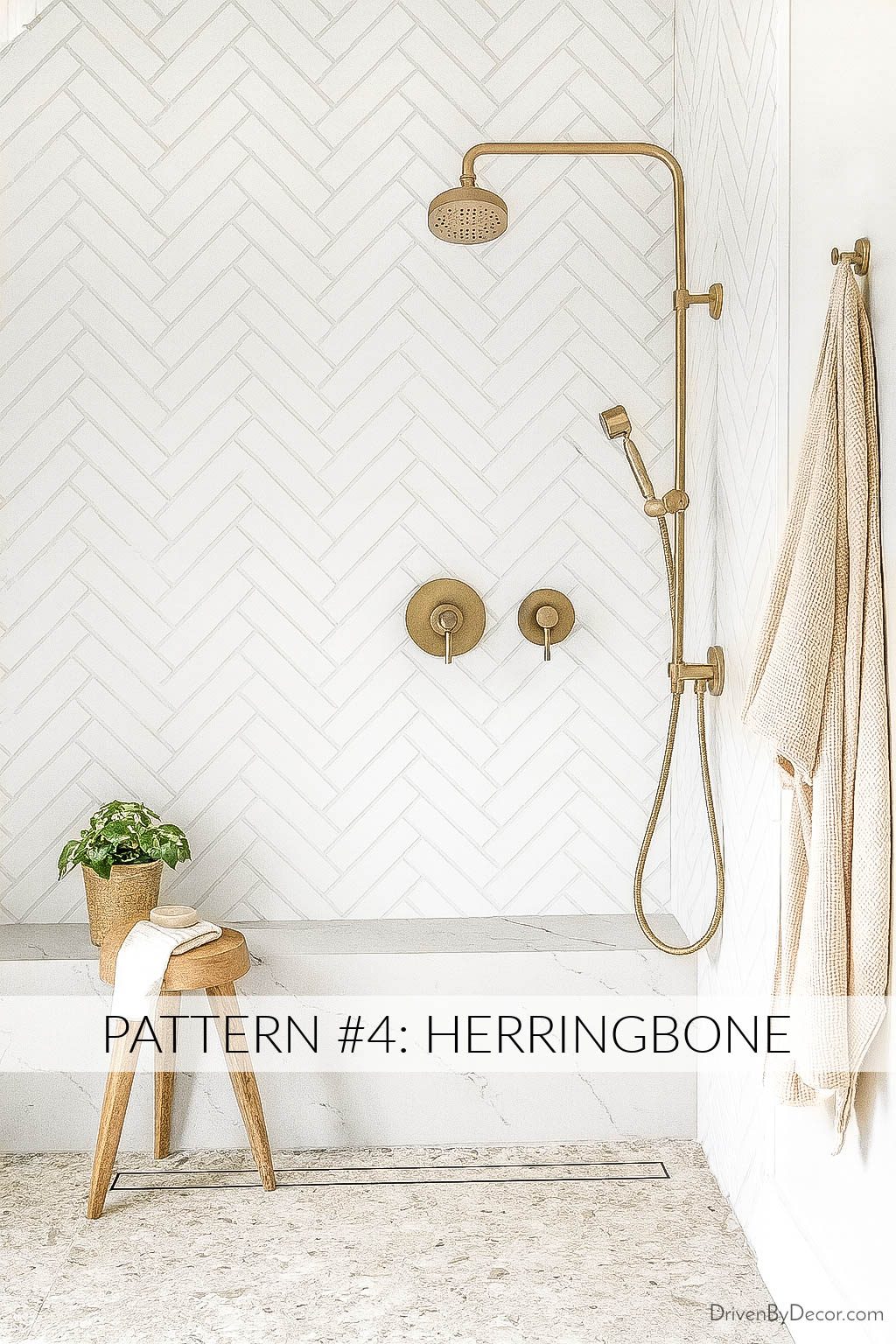 Subway tile arranged in herringbone pattern