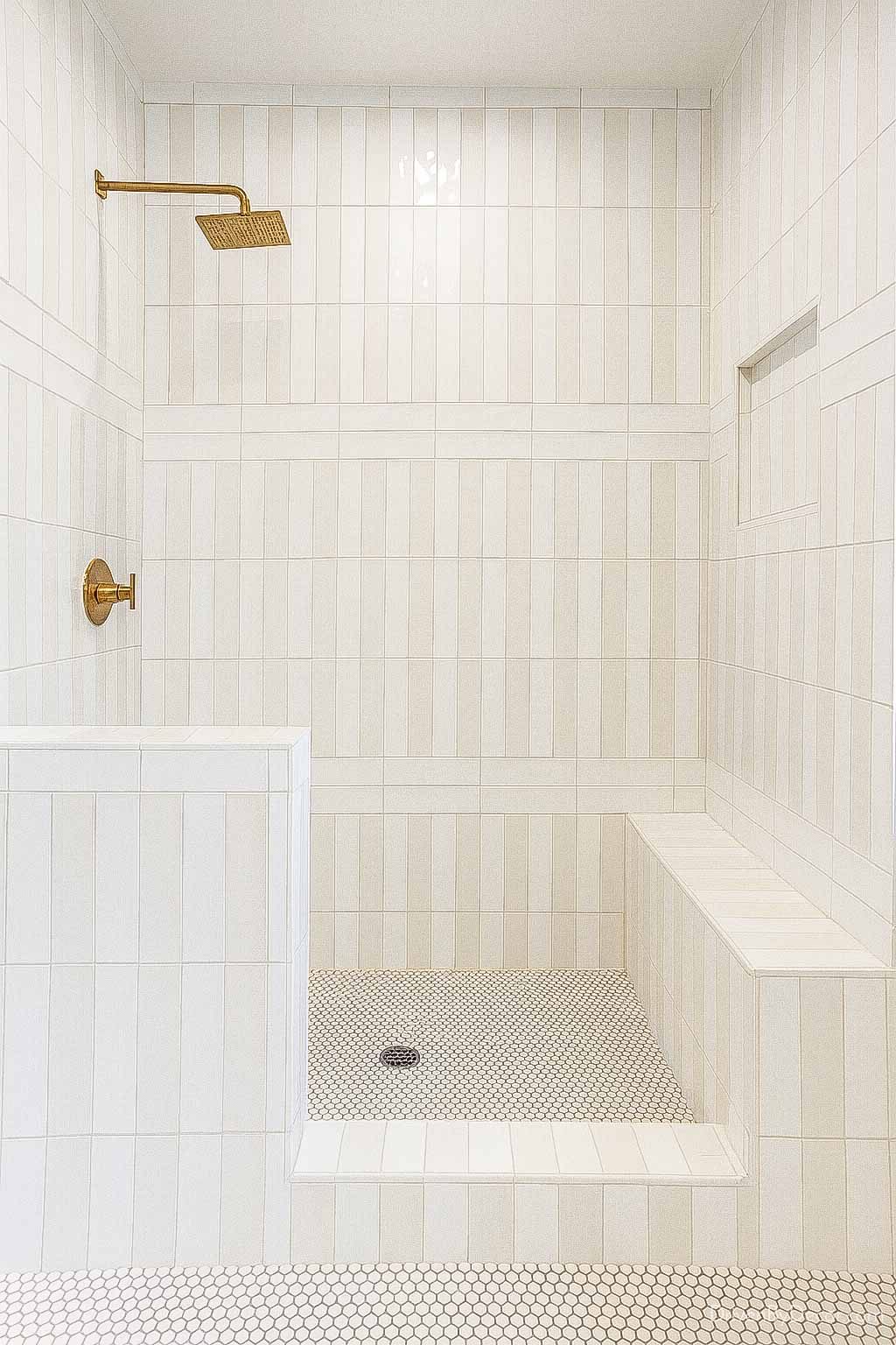 Subway tile arranged in a mix of vertical and horizontal stack patterns