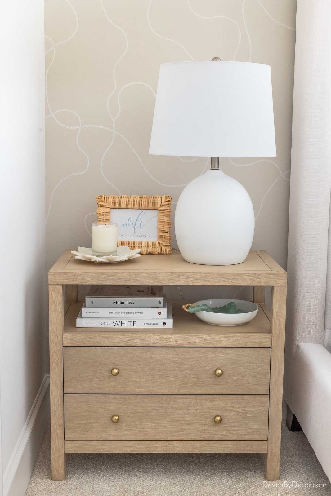 Taupe bedroom nightstand with shelf and two drawers