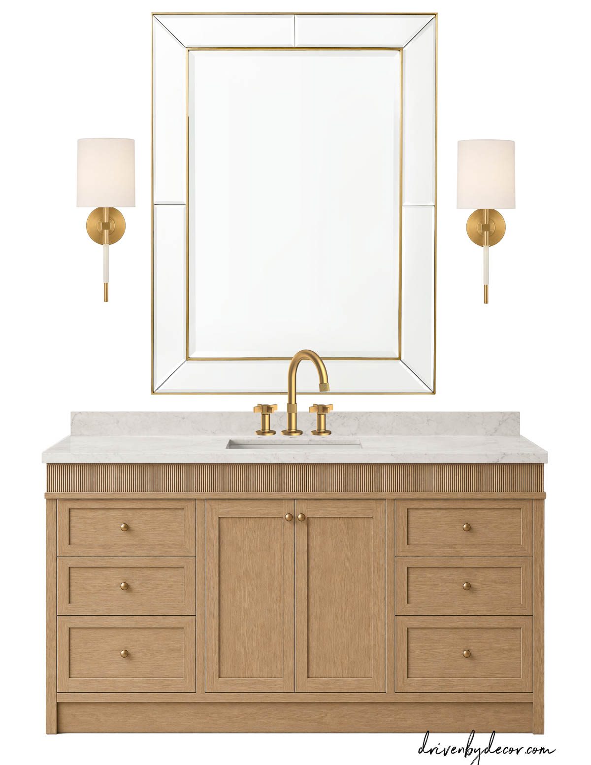 White oak bathroom vanity with large mirror flanked by sconces
