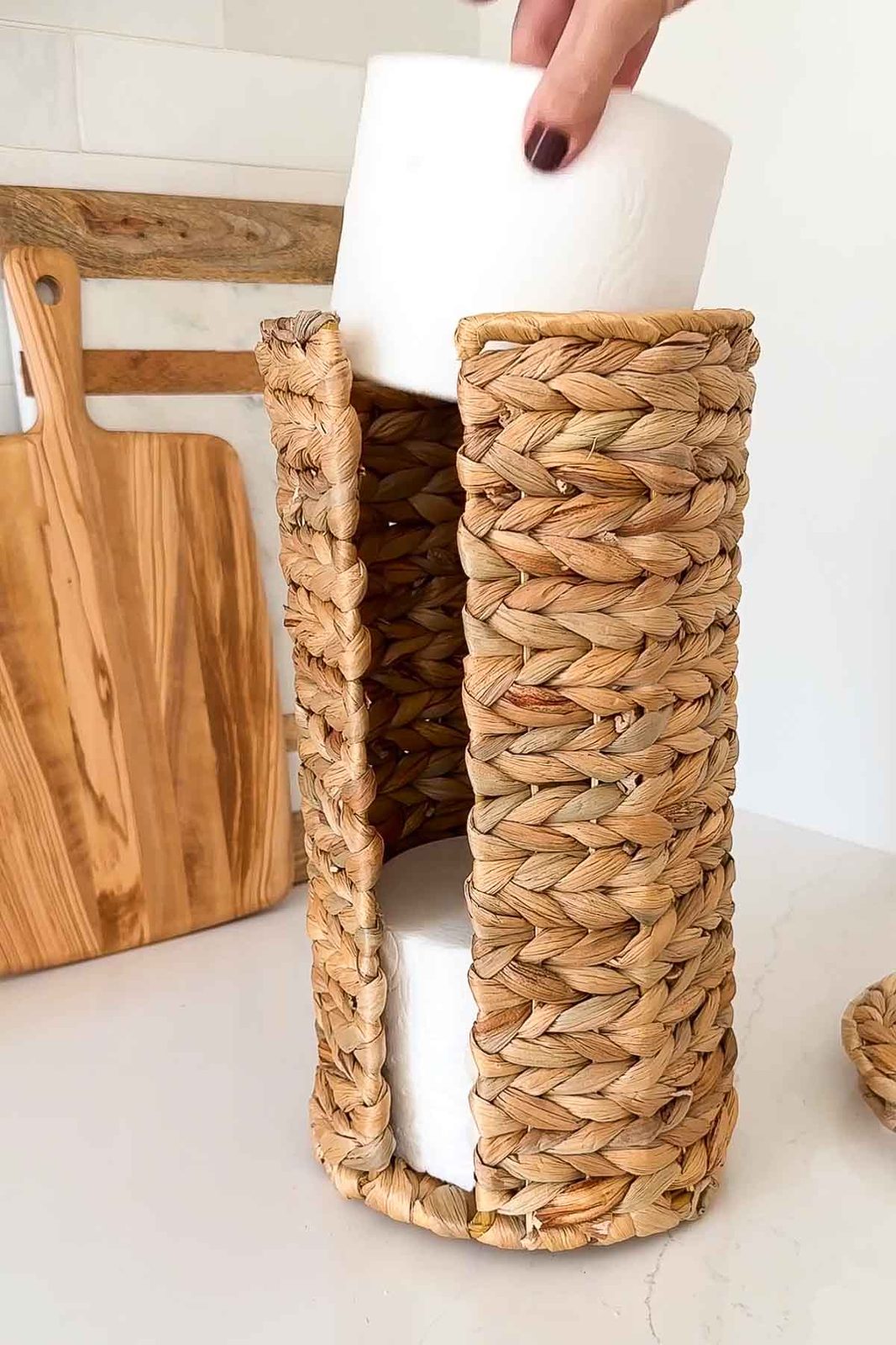 Woven toilet paper holder for stylish bathroom storage