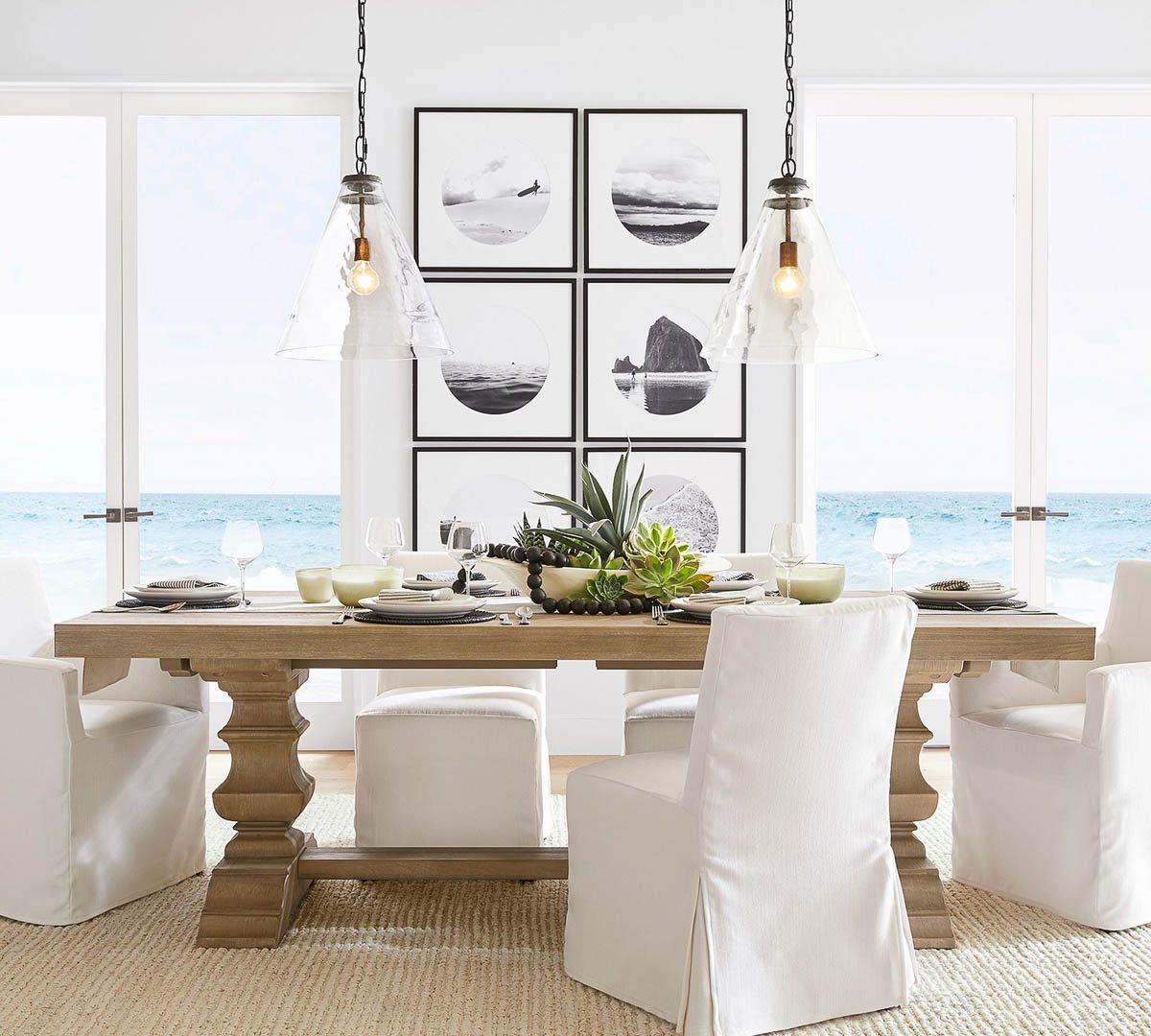 Trestle dining table in light wood finish