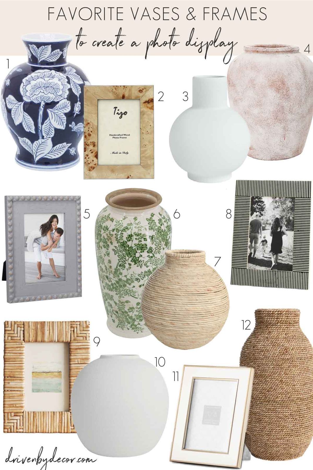 Favorite vases and frames for creating a photo display