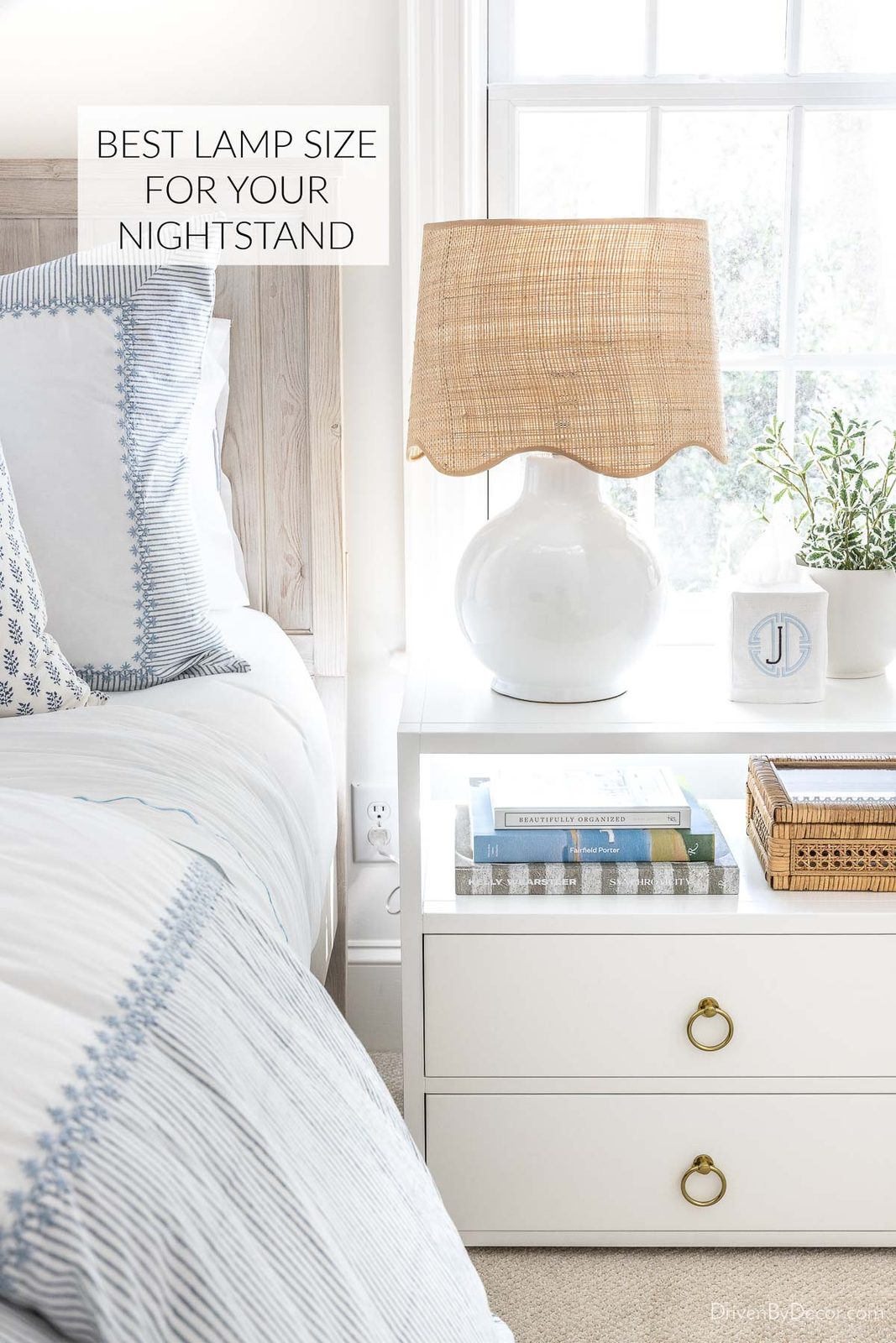 Lamp on nightstand next to bed