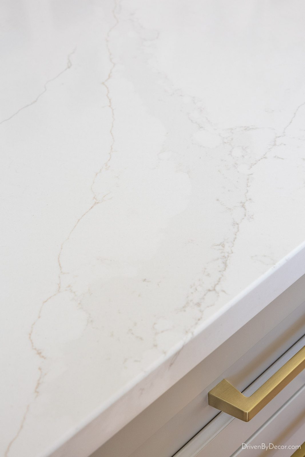 White quartz countertops with gray and beige veining