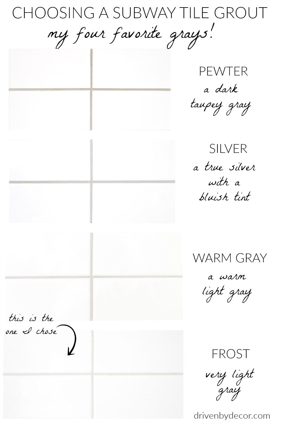White subway tile with gray grout - my favorite grays to choose from