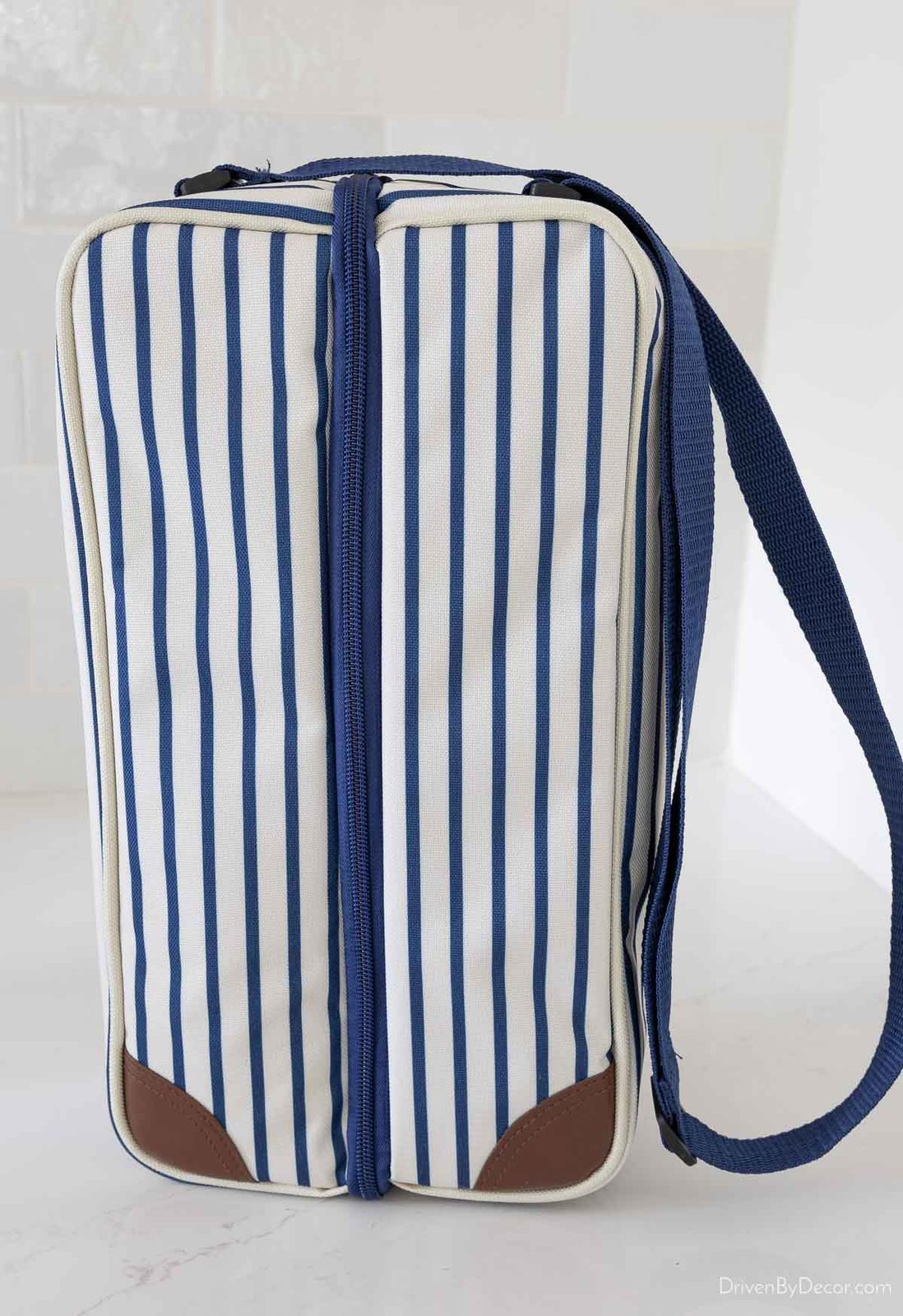 Blue and white striped wine tote bag