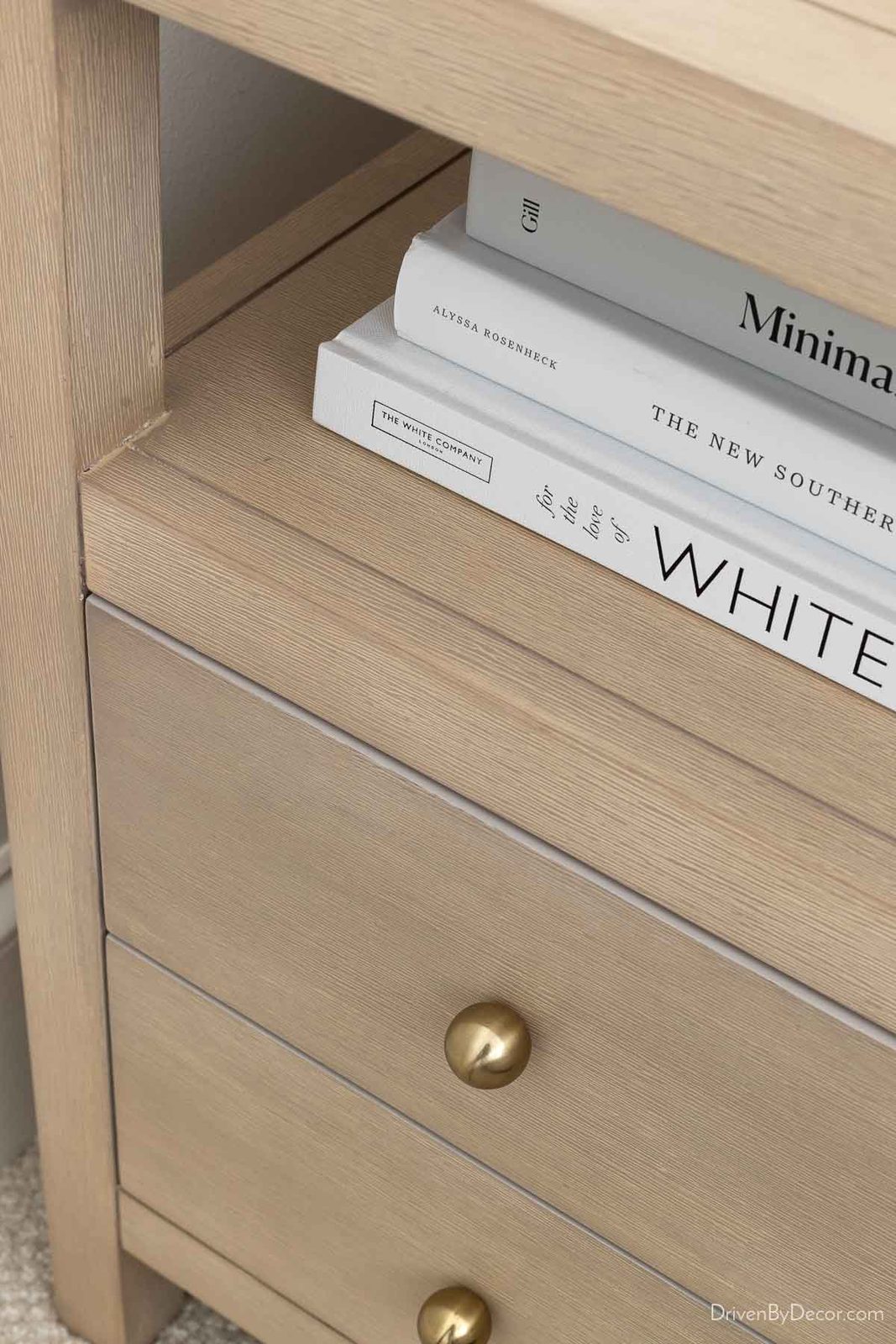 Close-up of wood nightstand showing texture