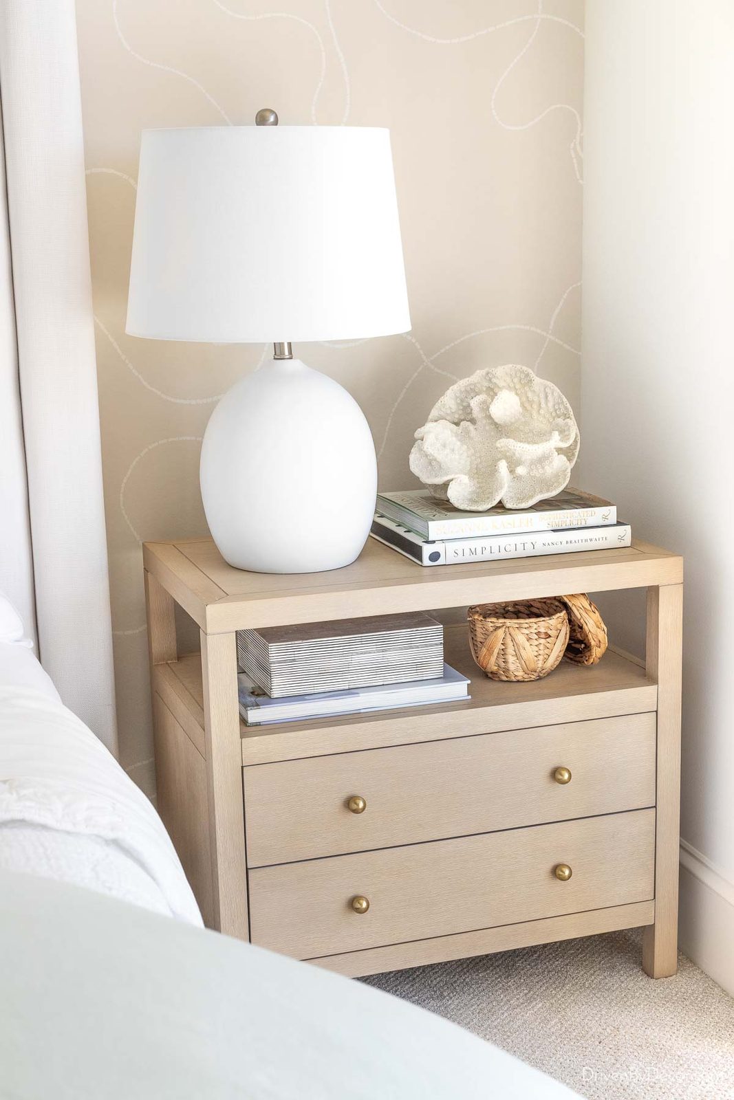 Nightstand in king bedroom with shelf and two drawers