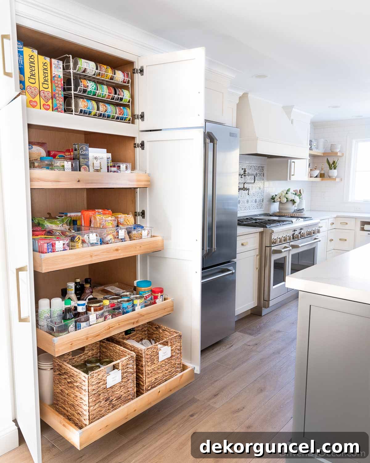 Kitchen pantry cabinet with pull out shelves for organized and accessible food storage