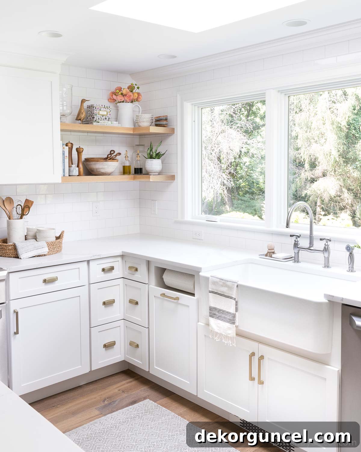 Floating corner shelves in our kitchen remodel offering both storage and display