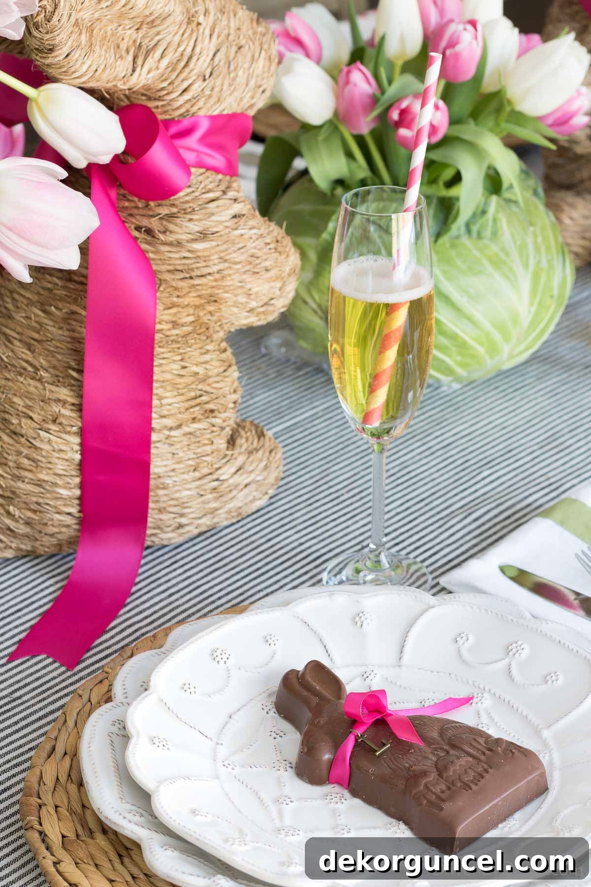 A charming chocolate bunny serving as a personalized place card, adding a sweet and festive touch to the table setting.