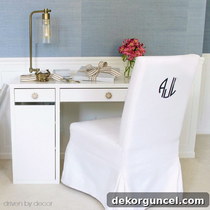 Inexpensive desk and chair - IKEA's HENRIKSDAL slipcovered chair paired with their MICKE white desk