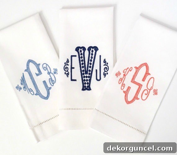A luxurious linen monogrammed tea towel, a perfect personalized hostess gift idea.