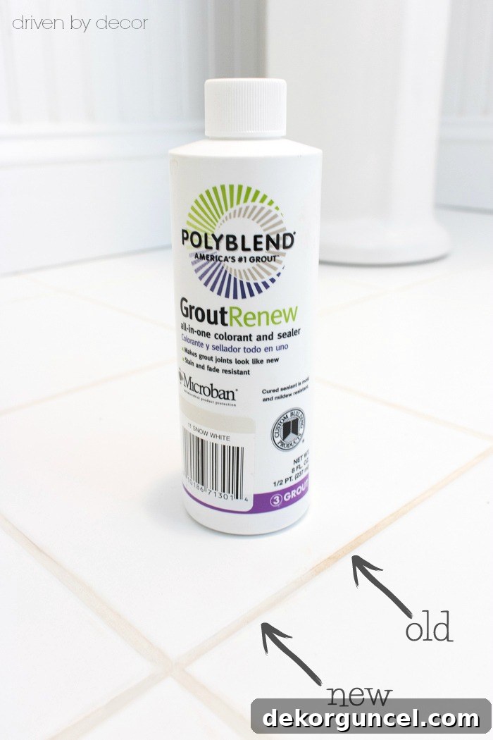 The only product I've found to solve the dilemma of how to get your grout clean and white. More info on how to use Polyblend Grout Renew in this post!