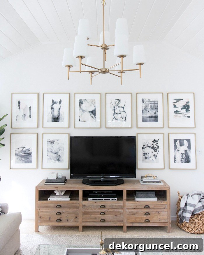 Above TV Shelf: Smart Storage, Seamless Style 2 A beautifully decorated TV wall featuring a large TV console, elegant chandelier, rug, and framed art prints, demonstrating how to decorate around a flat screen TV.