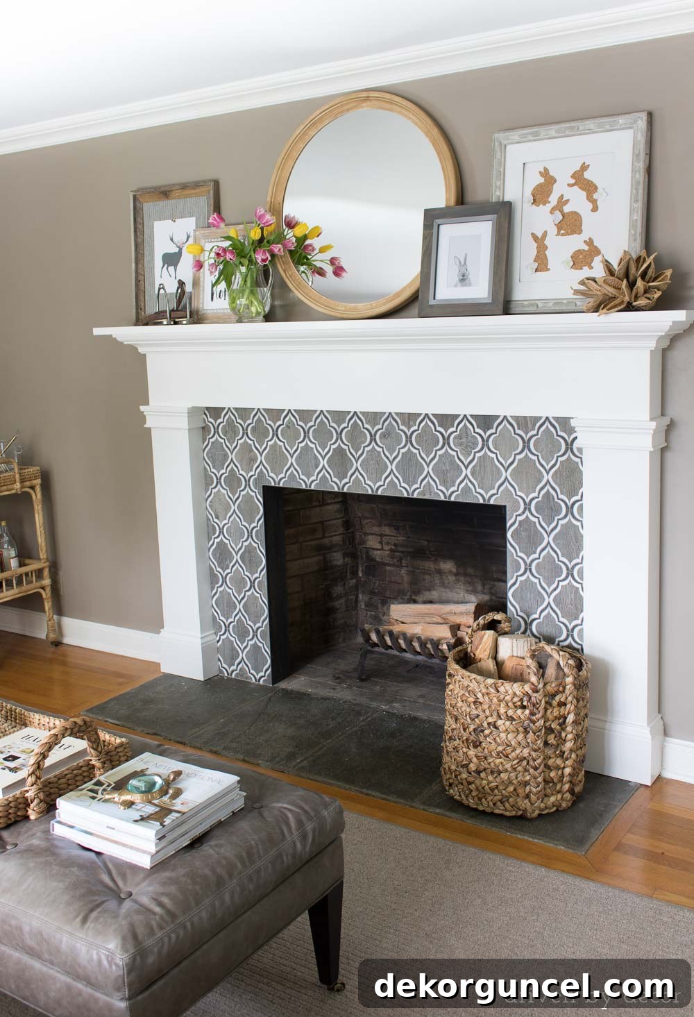 My Five Favorite Transformations 16 Transformed Living Room Fireplace with Patterned Tile and Layered Mantel Art