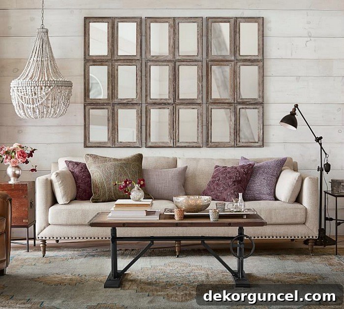 Create a captivating wall display with a fabulous arrangement of multi-paned mirrors above your sofa.