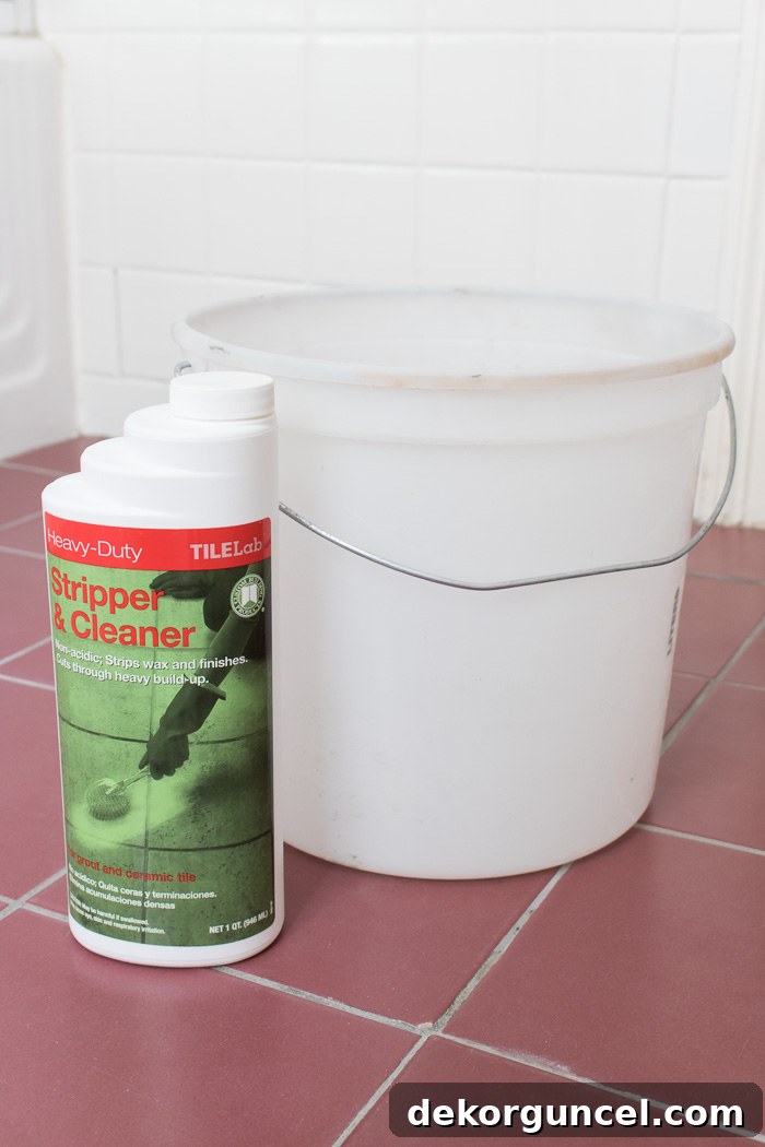 How to Paint a Tile Floor: Essential Tools and Proven Tips 8 Bottle of heavy-duty stripper and cleaner, essential for preparing ceramic tile floors by removing grime before painting.