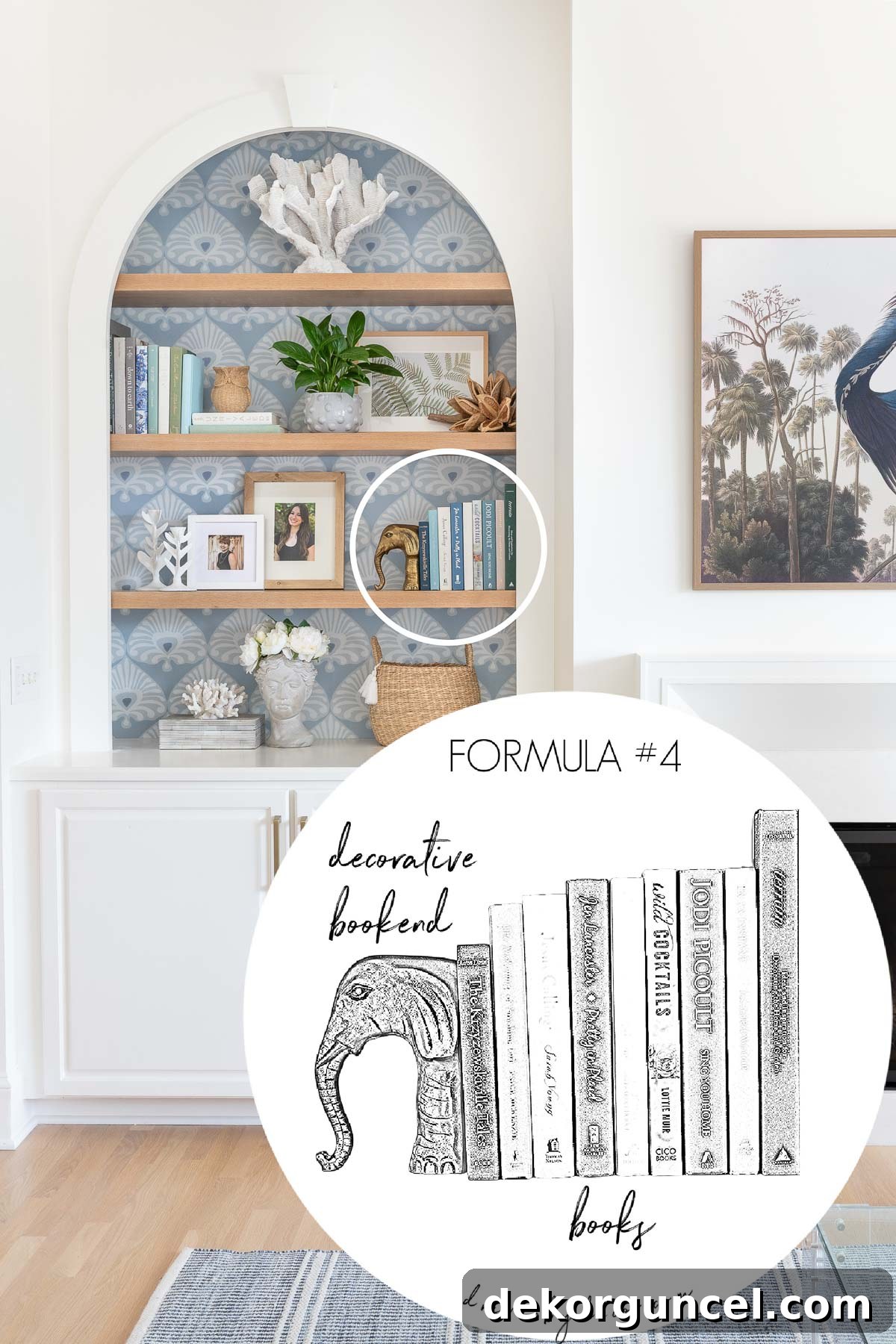 A charming decorative elephant bookend elegantly supporting a series of books, offering a stylish tip for how to decorate a bookcase.