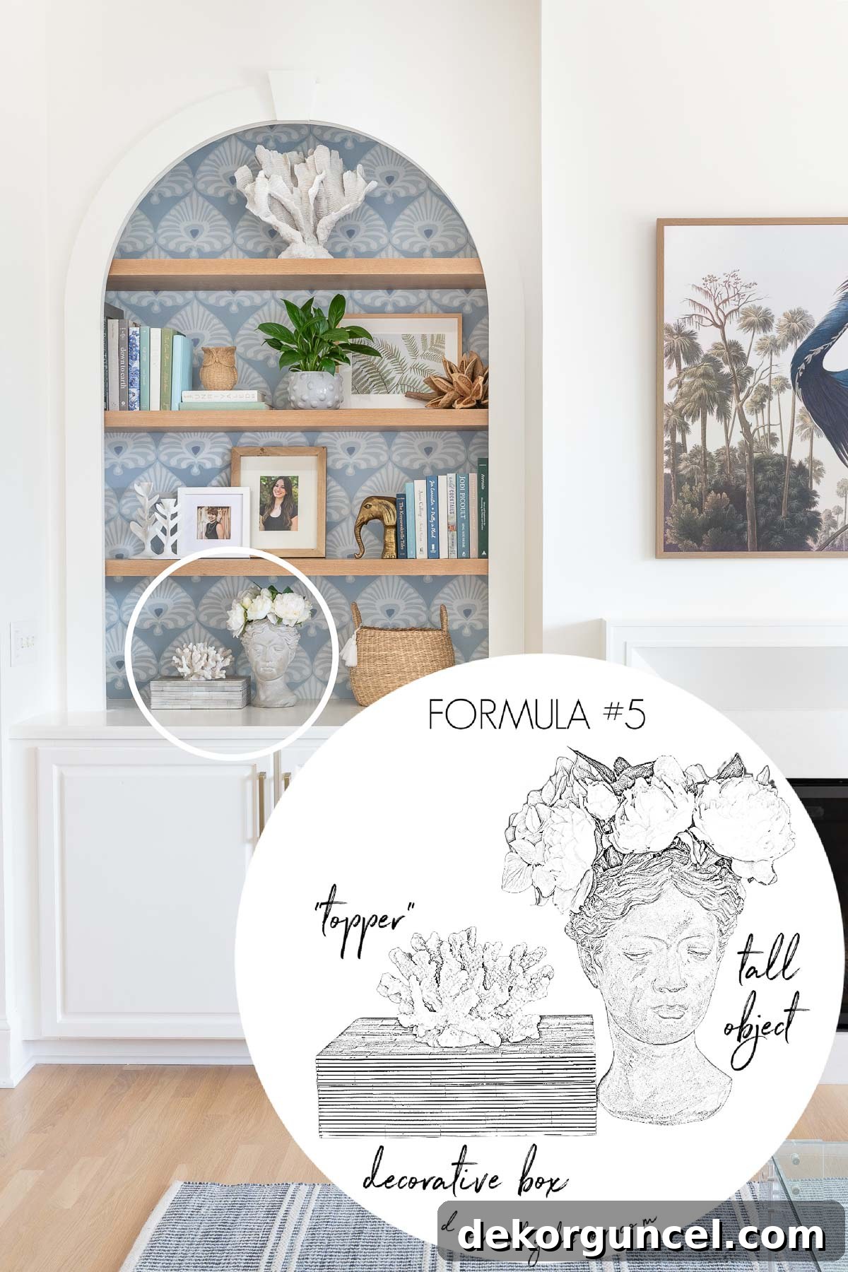 A stylish decorative box crowned with a charming low 'topper' next to a captivating tall accessory, illustrating a simple formula for bookshelf decor.