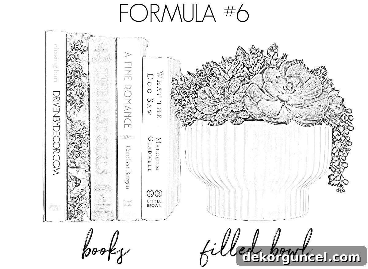 Easy and elegant formula for how to decorate a bookshelf: combine a series of books with a beautifully filled decorative bowl.