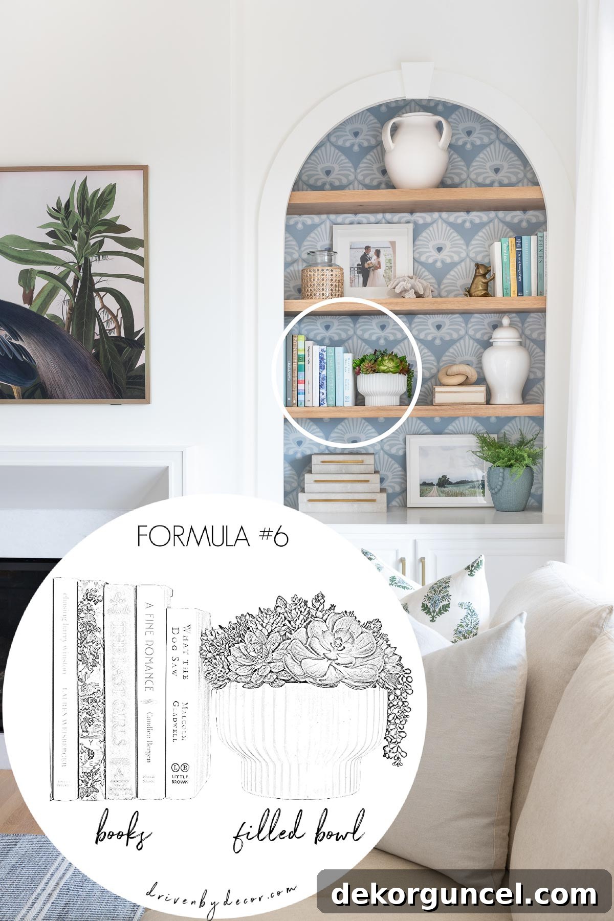A cohesive series of books elegantly arranged next to a decorative bowl, offering a simple yet refined shelf decor idea.