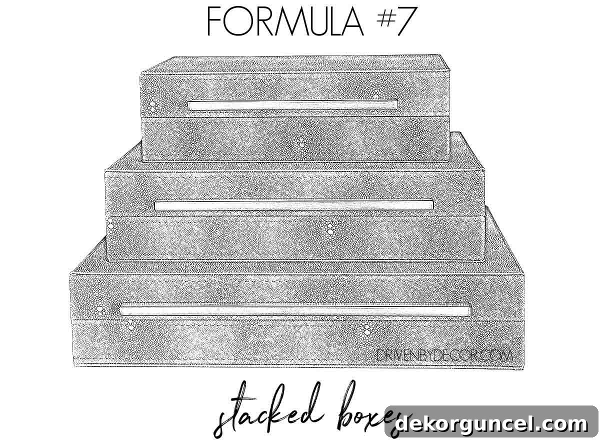 Clean and functional formula for how to decorate a bookshelf: utilize elegantly stacked boxes.