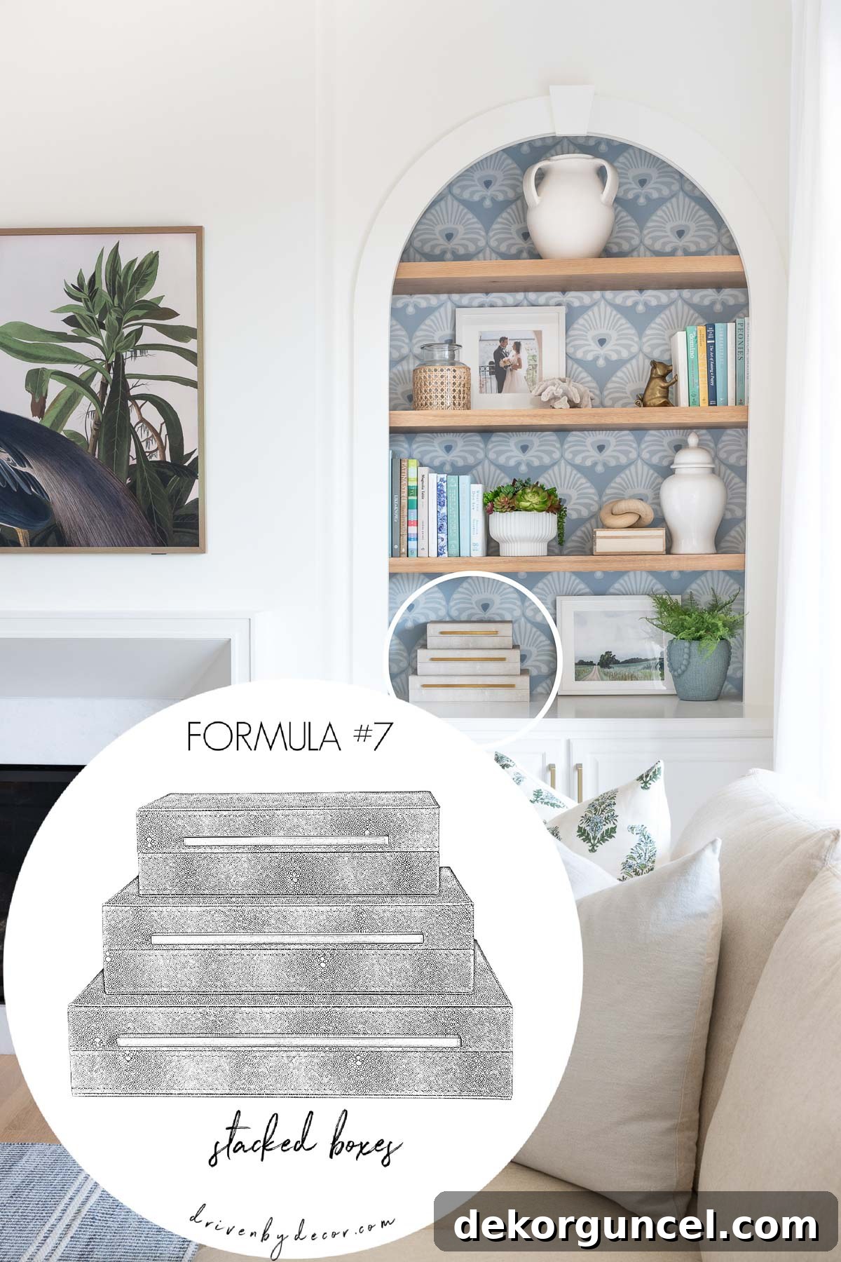 Three stylish stacked boxes serving as a simple yet effective idea for how to decorate a bookshelf with both flair and functionality.