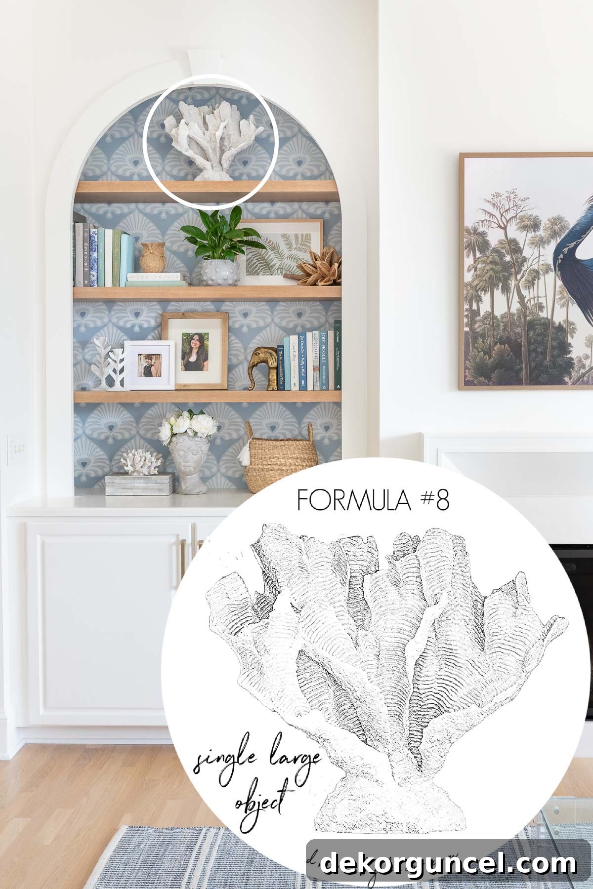 A single, impactful large accessory elegantly displayed as a key element of shelf decor, embodying the 'less is more' philosophy.