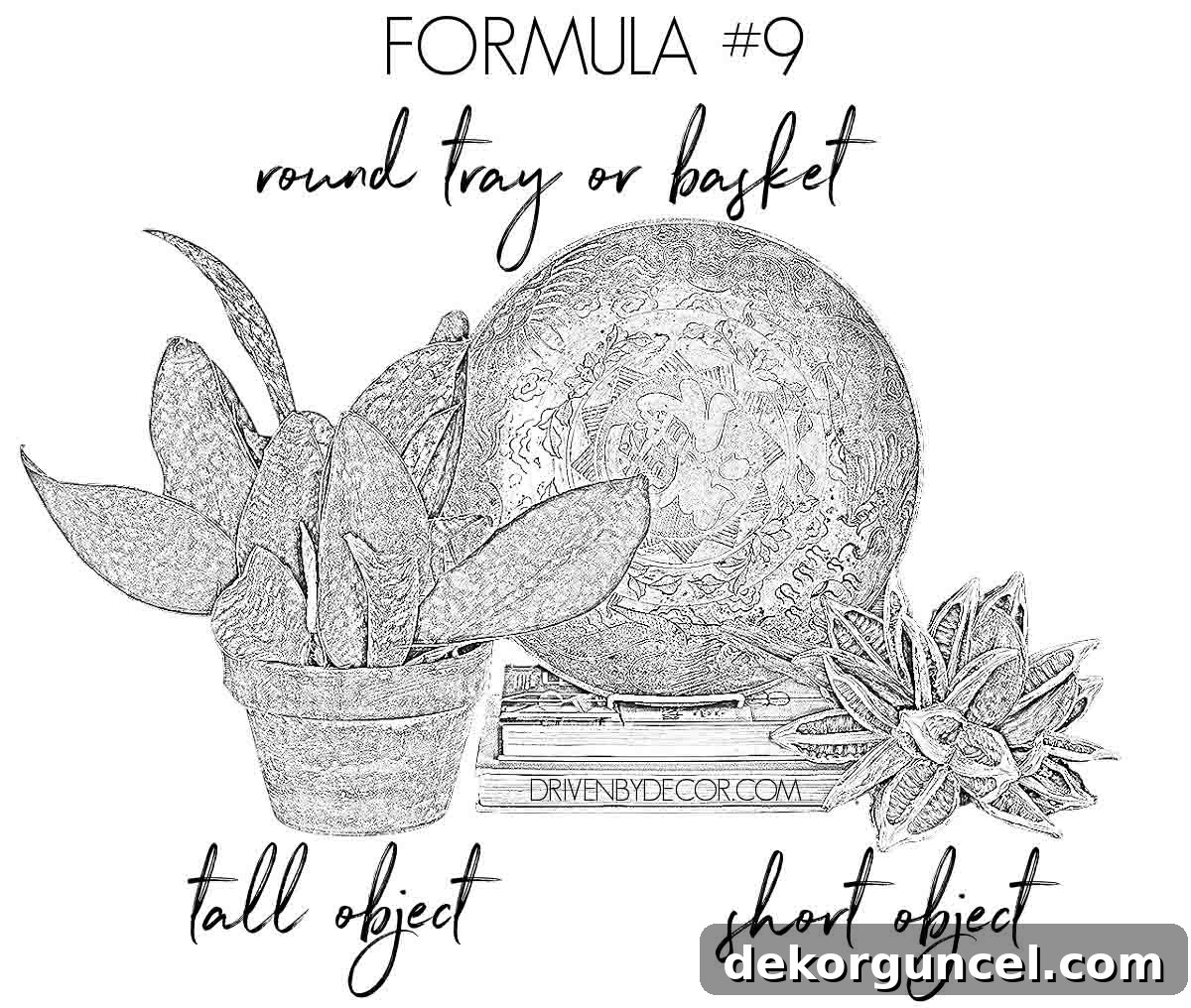 Dynamic formula for how to decorate a bookshelf: combine a tall object, a round tray or basket, and a contrasting short object.