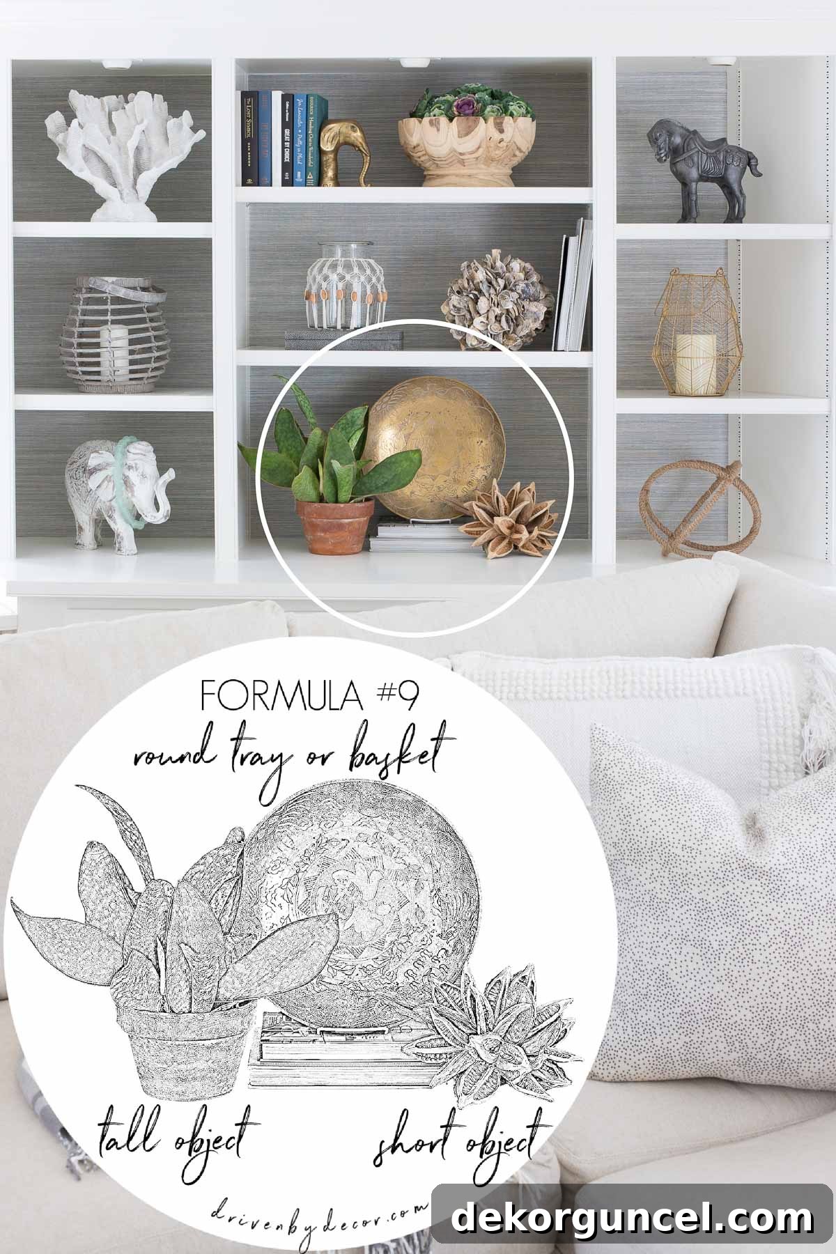An artful arrangement featuring a lush plant, a chic round tray, and a delicate small decorative accessory, perfect for styling a bookshelf.