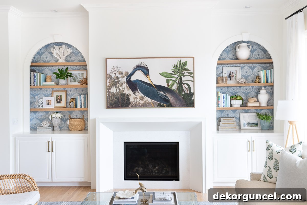 Beautifully decorated bookshelves flanking a fireplace, creating a harmonious and stylish living space.