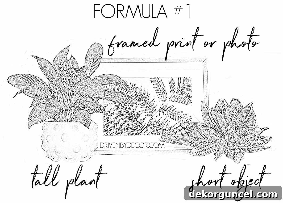 Effective formula for how to decorate a bookshelf: combine a tall plant, a framed print, and a small decorative object for balanced display.