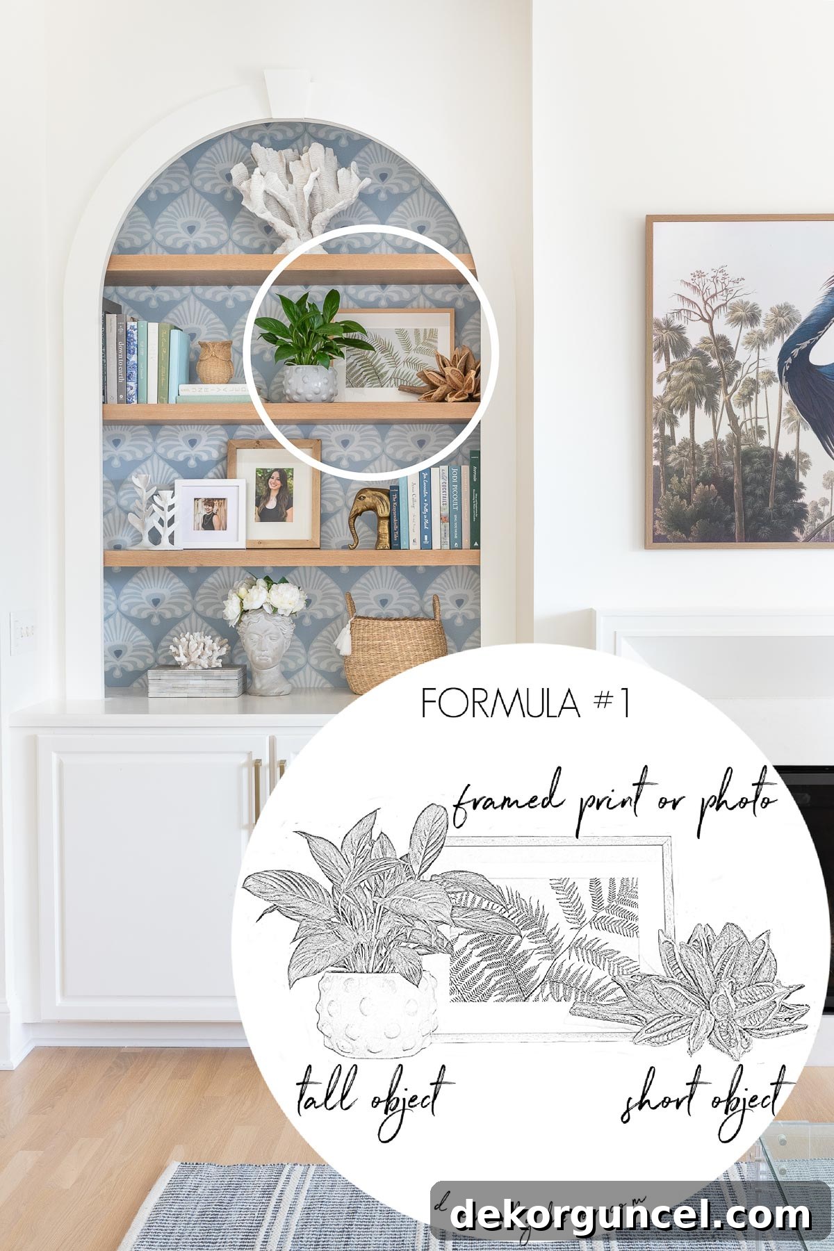 A vibrant plant, a stylish framed print, and a unique small decorative object perfectly grouped to enhance bookshelf decor.