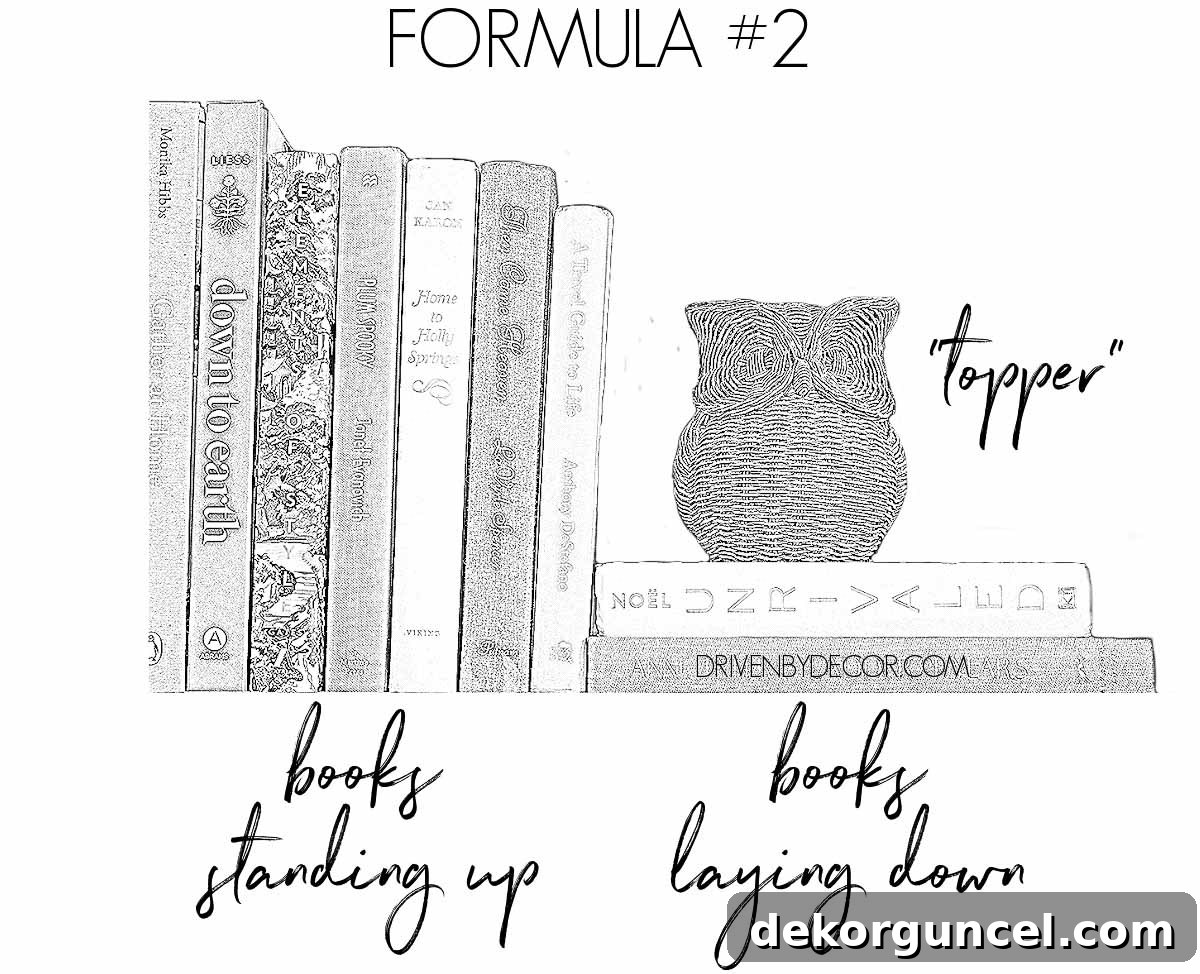 Simple yet effective formula for how to decorate a bookshelf: combine books, both standing and lying down, with a charming topper.