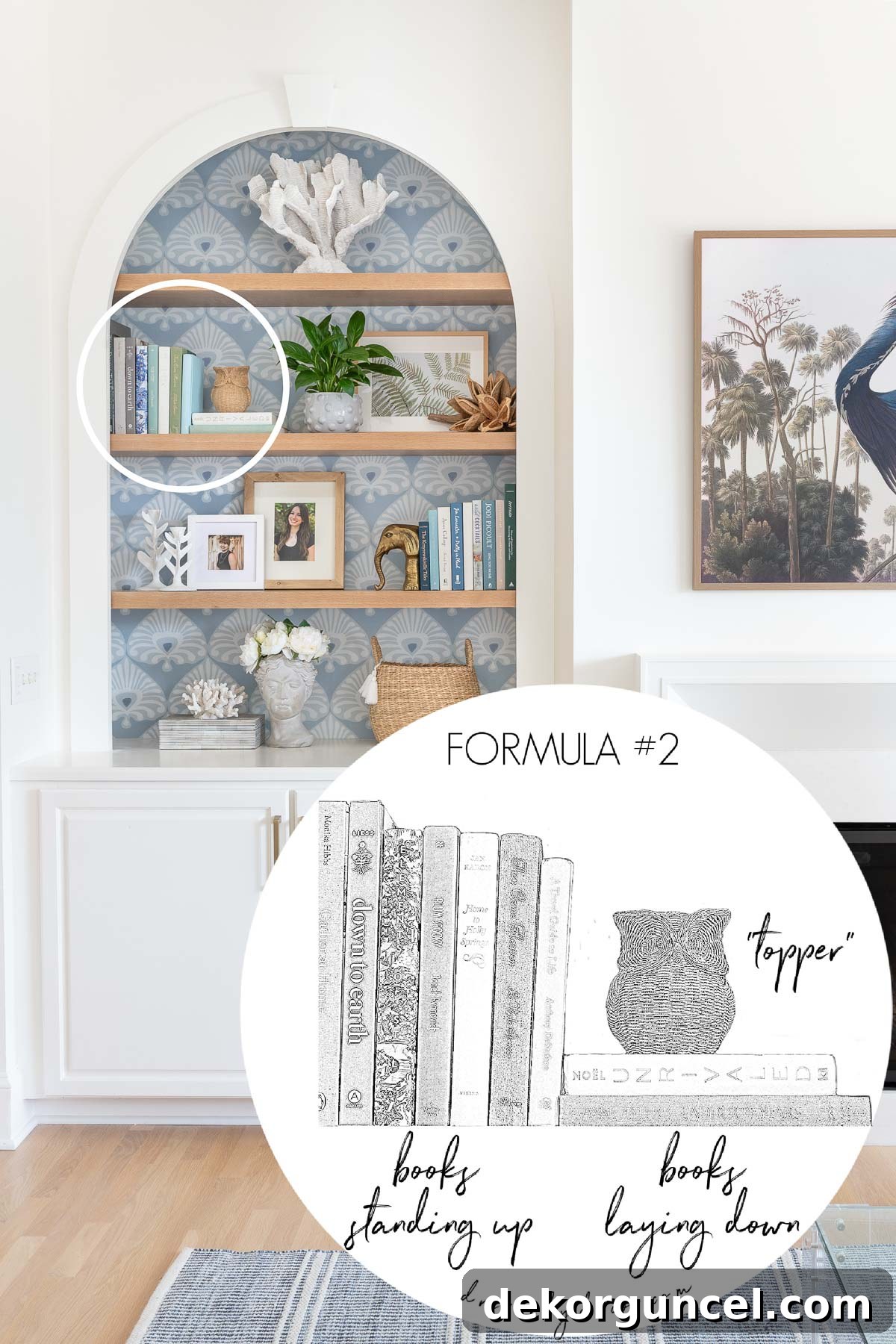 A classic arrangement of books standing upright, two stacked horizontally, and a delightful decorative topper for elegant shelf decor.