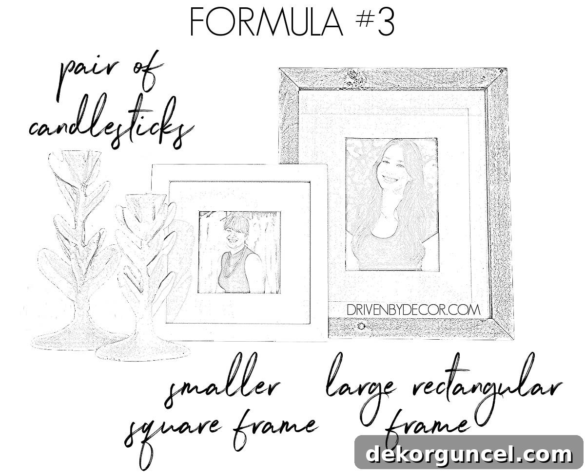 Stylish formula for how to decorate a bookshelf: combine elegant candlesticks with layered frames for a sophisticated display.