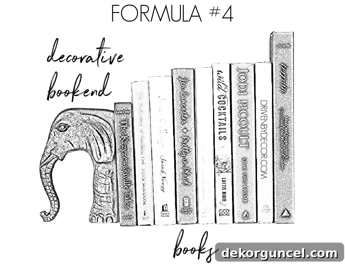 Simple yet stylish formula for how to decorate a bookshelf: combine a series of books with a unique decorative bookend.