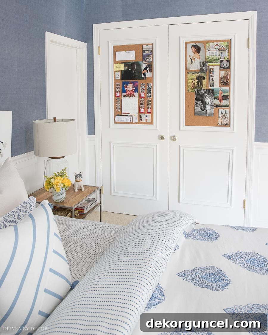 My Six Handpicked Kids Room Ideas 6 Love this clever closet door idea for a teen bedroom – integrating cork boards and decorative molding onto flat closet doors!