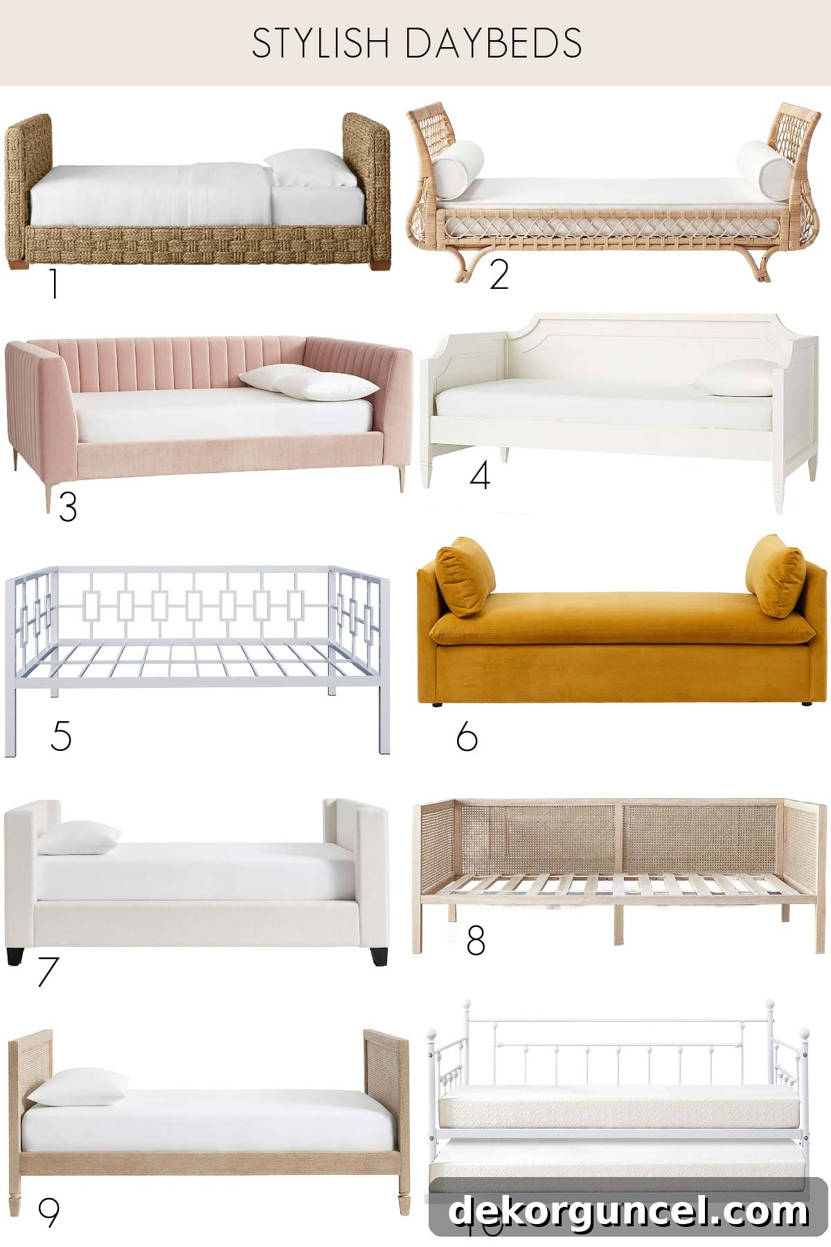 Stylish daybeds in various designs and materials, perfect for modern homes looking for versatile furniture.