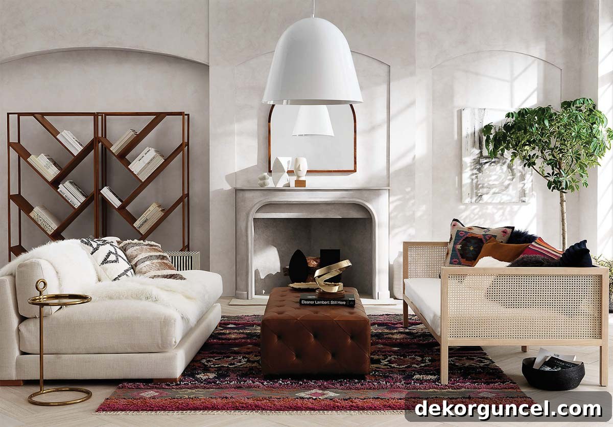Stylish daybed styled as a secondary sofa in a modern living room, paired with a large ottoman for a formal and inviting look.
