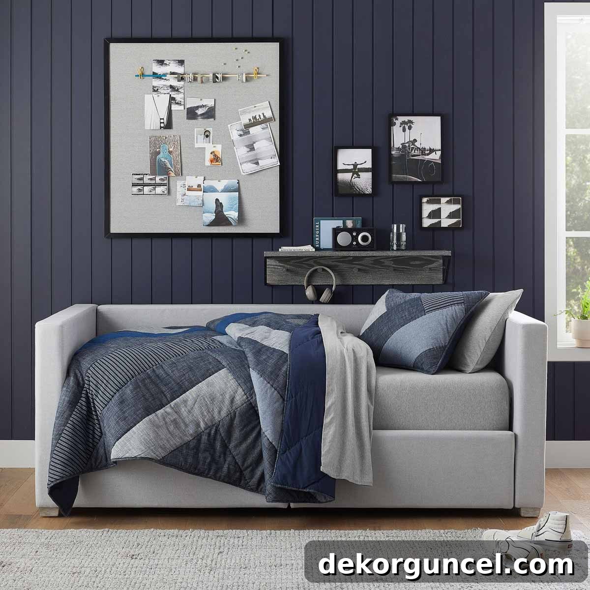 Daybed serving dual purpose as a lounge and guest bed, featuring a practical wall shelf nearby for ultimate convenience and organization.